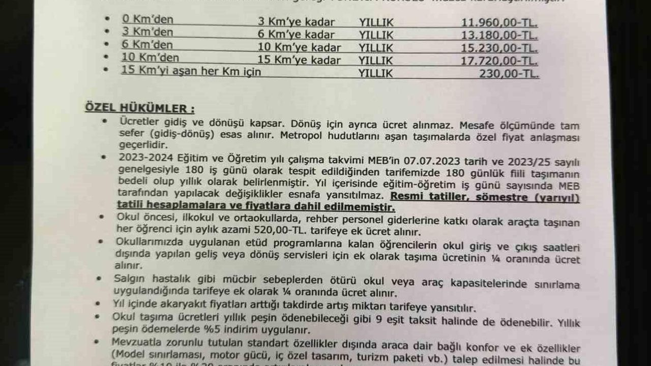 Ankara Esnaf Sanatkarlar Odalar Birliğinin aldığı karara göre, en kısa mesafe okul servis ücreti 11 bin 960 TL oldu