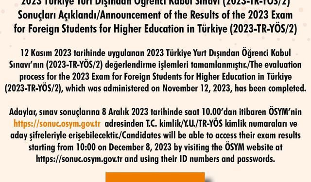 Türkiye Yurt Dışından Öğrenci Kabul Sınavı Sonuçları Açıklandı