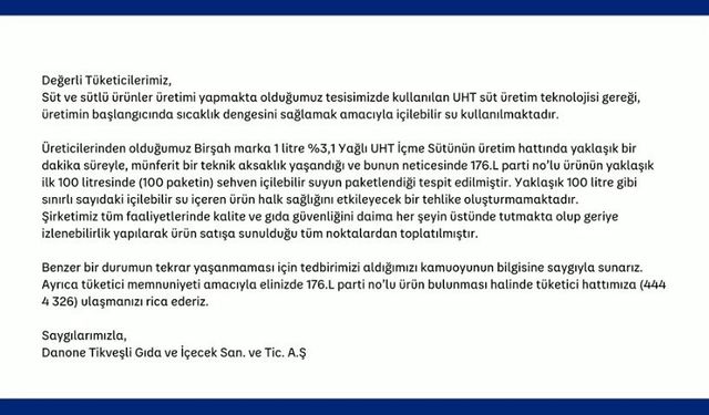 Danone'den Açıklama: Birşah Marka Süt Paketlerinde Su Tespit Edildi