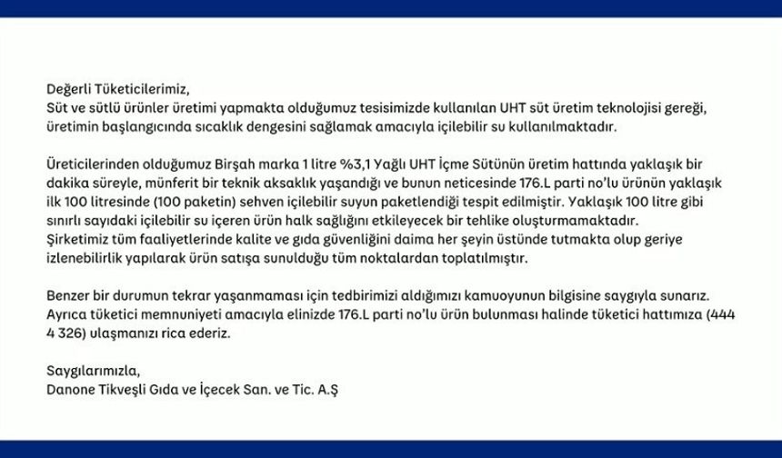 Danone'den Açıklama: Birşah Marka Süt Paketlerinde Su Tespit Edildi